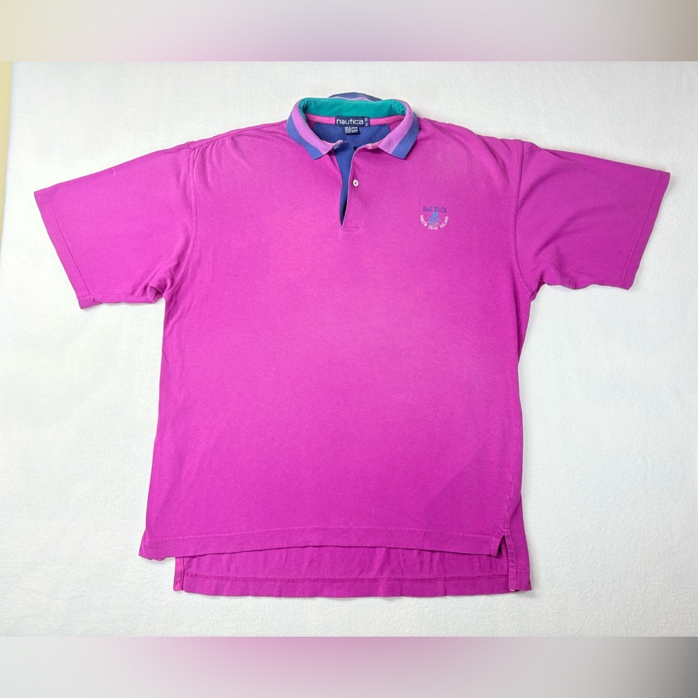 Vintage Nautica South Seas Islands Embroidered Mens Purple Polo Button Up XL